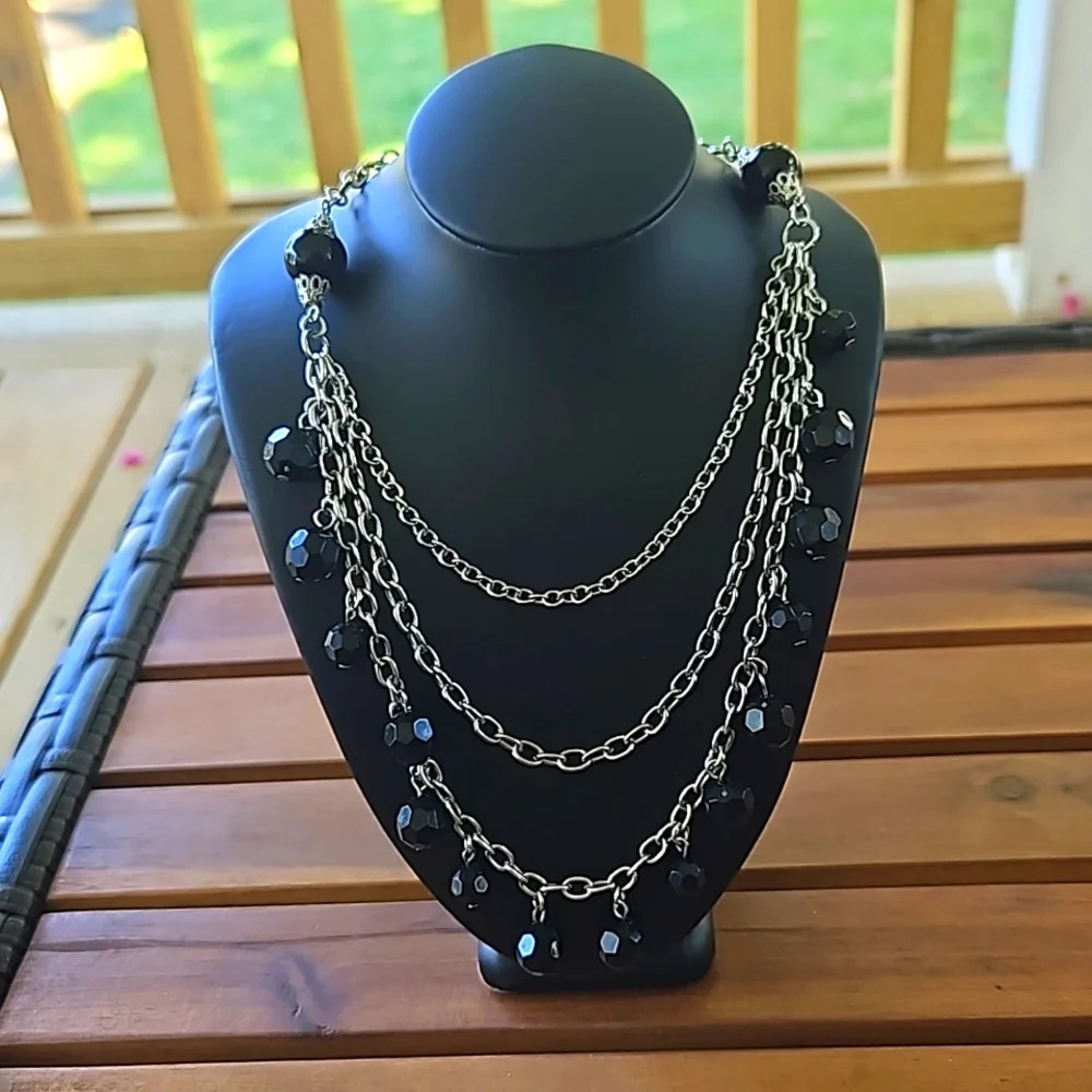 Three Layer Silvertone Black Bead Choker Necklace